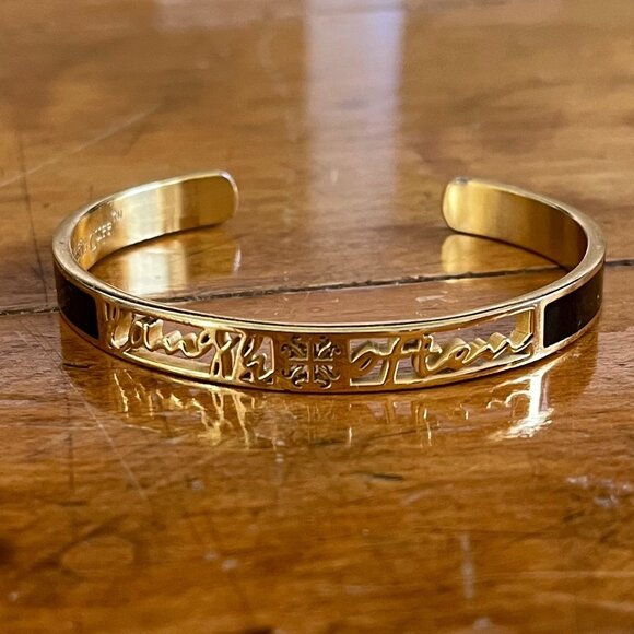 Rustic Cuff Laugh Often Enamel and Goldtone Bangle Cuff Bracelet - Picture 3 of 7